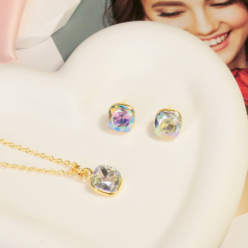 Wholesale Colorful square diamond pendant and earring set